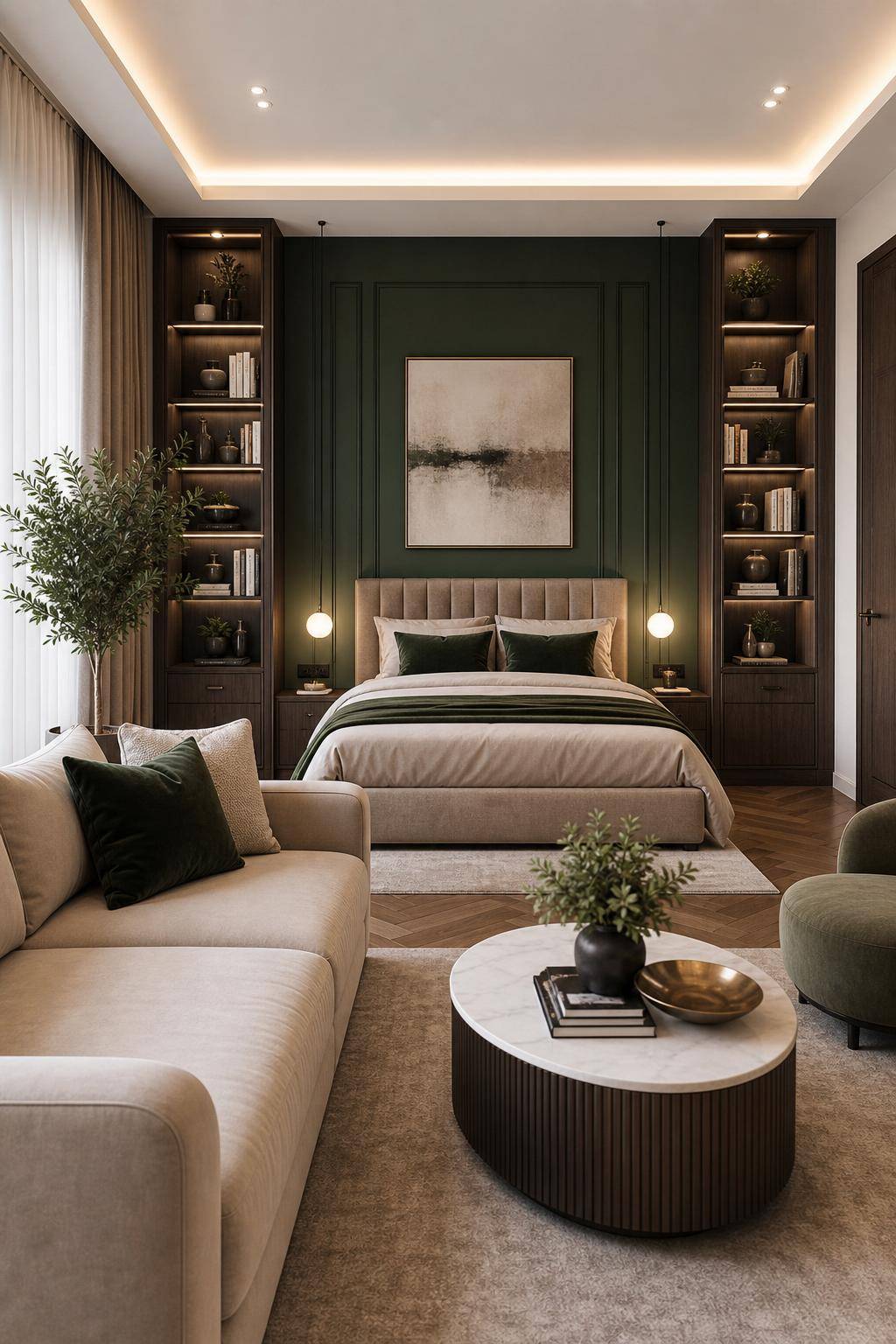 Bett im Wohnzimmer integrieren- Hebe das Bett mit einer Akzentwand hervor