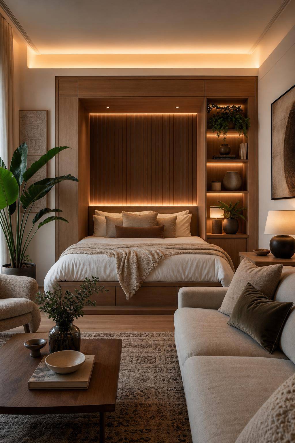 Bett im Wohnzimmer integrieren- Integriere das Bett in eine gemütliche Nische