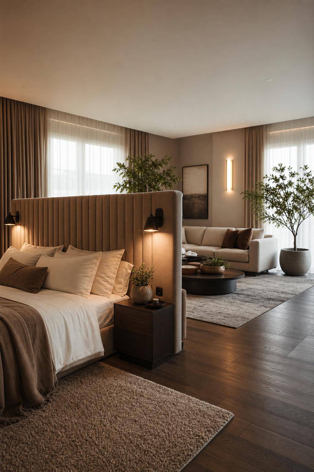 Bett im Wohnzimmer integrieren- Kombiniere das Bett mit einem hohen Kopfteil