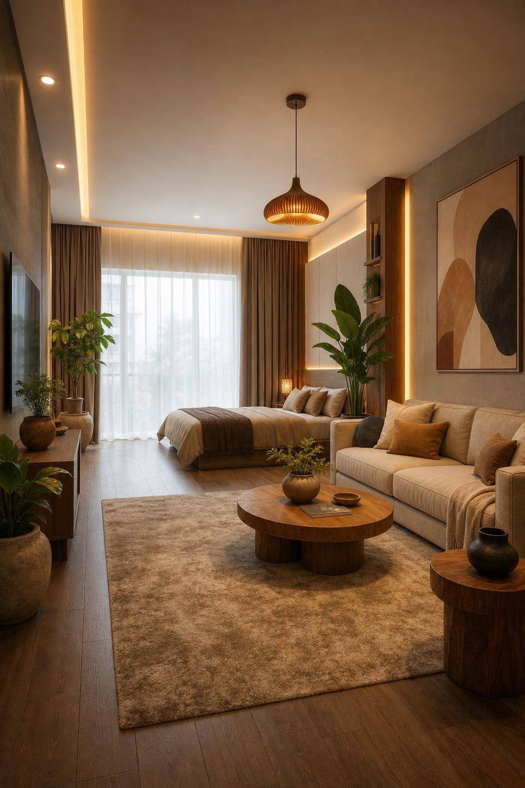 Bett im Wohnzimmer integrieren- Nutze einen Teppich zur optischen Abgrenzung