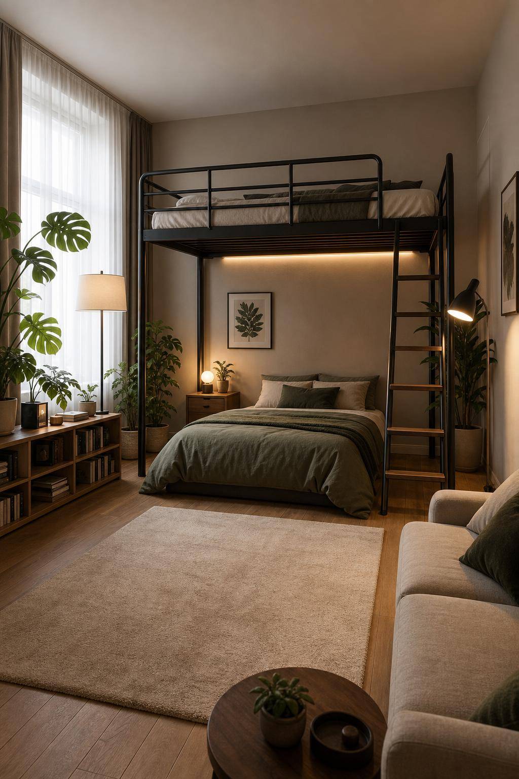 Bett im Wohnzimmer integrieren- Verschiebe das Bett unter ein Hochbett
