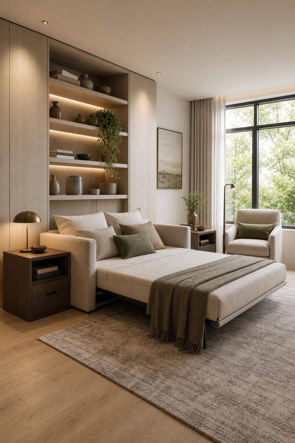 Bett im Wohnzimmer integrieren- Wähle multifunktionale Möbel rund ums Bett