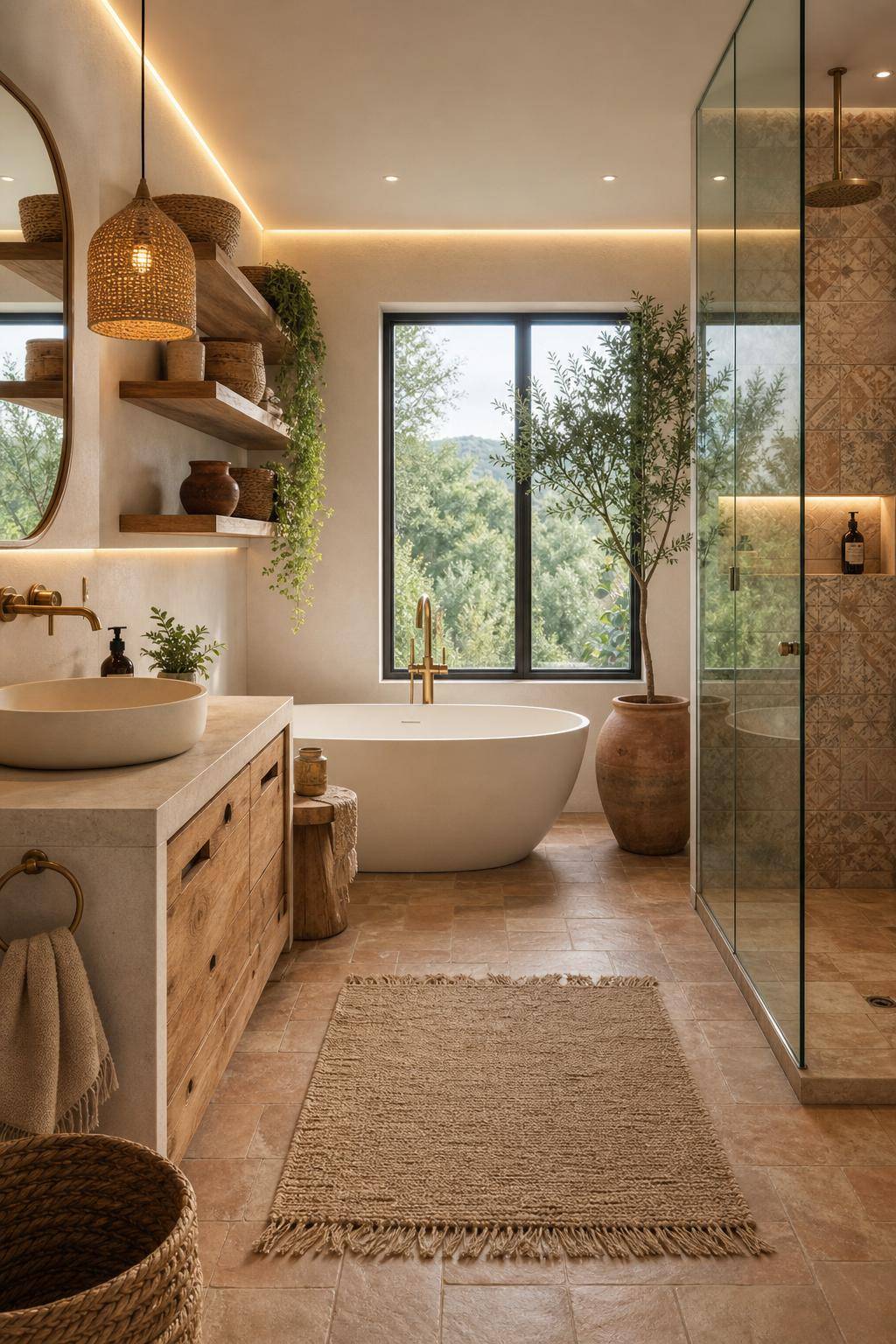 Boho-Badezimmer gestalten-Setze auf natürliche Materialien wie Holz