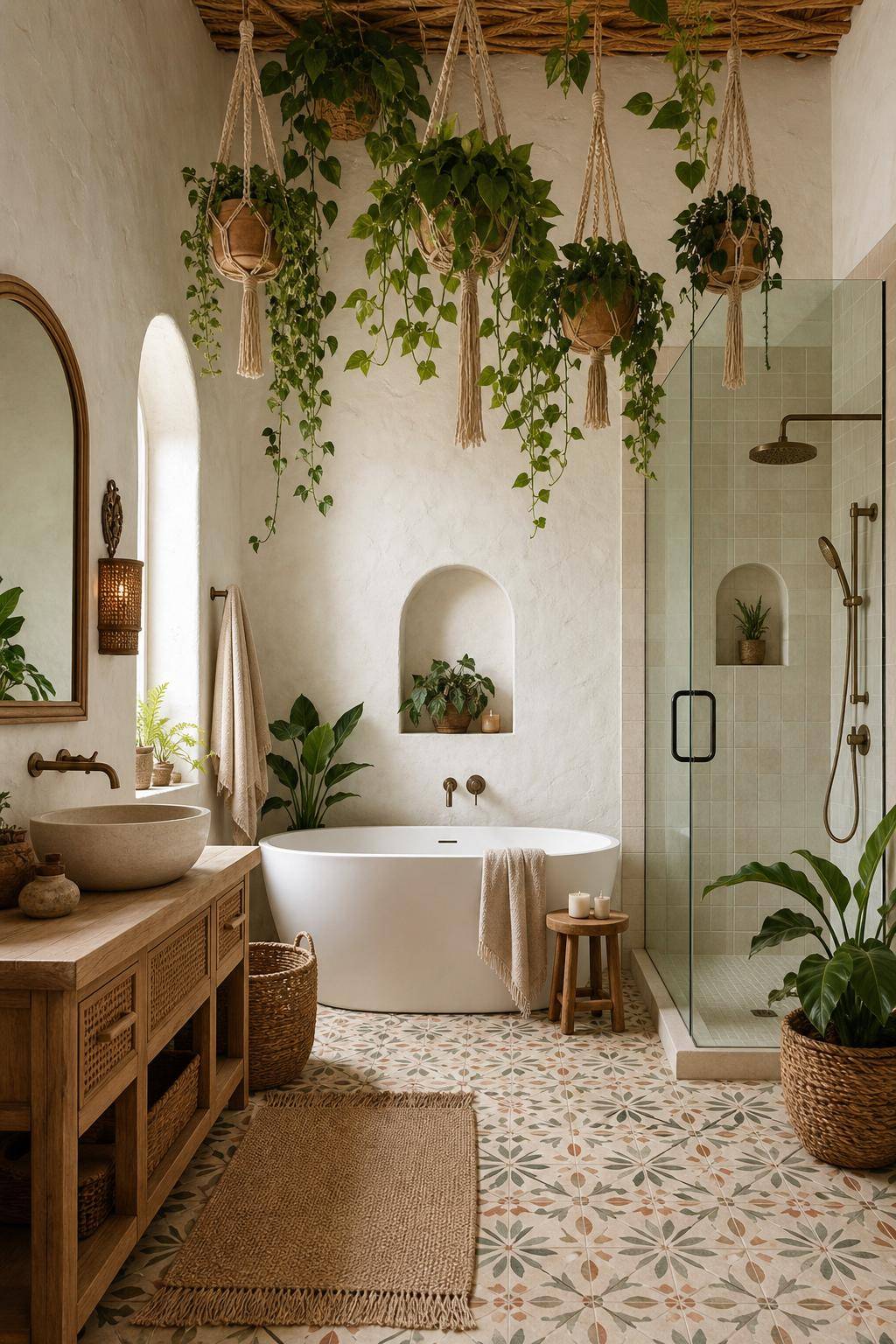 Boho-Badezimmer gestalten- Dekoriere mit Makramee-Blumenampeln an der Decke