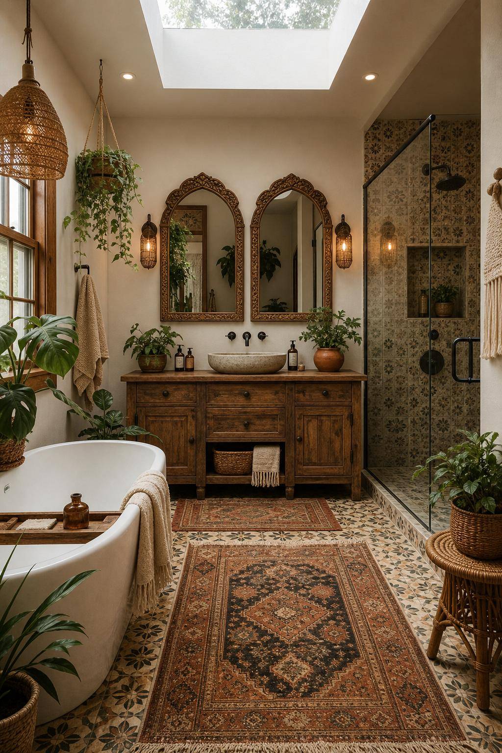 Boho-Badezimmer gestalten- Ergänze Spiegel mit detailreichen Holzrahmen