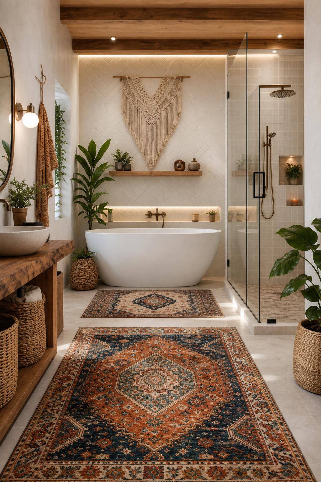 Boho-Badezimmer gestalten- Experimentiere mit bunten Vintage-Teppichen am Boden
