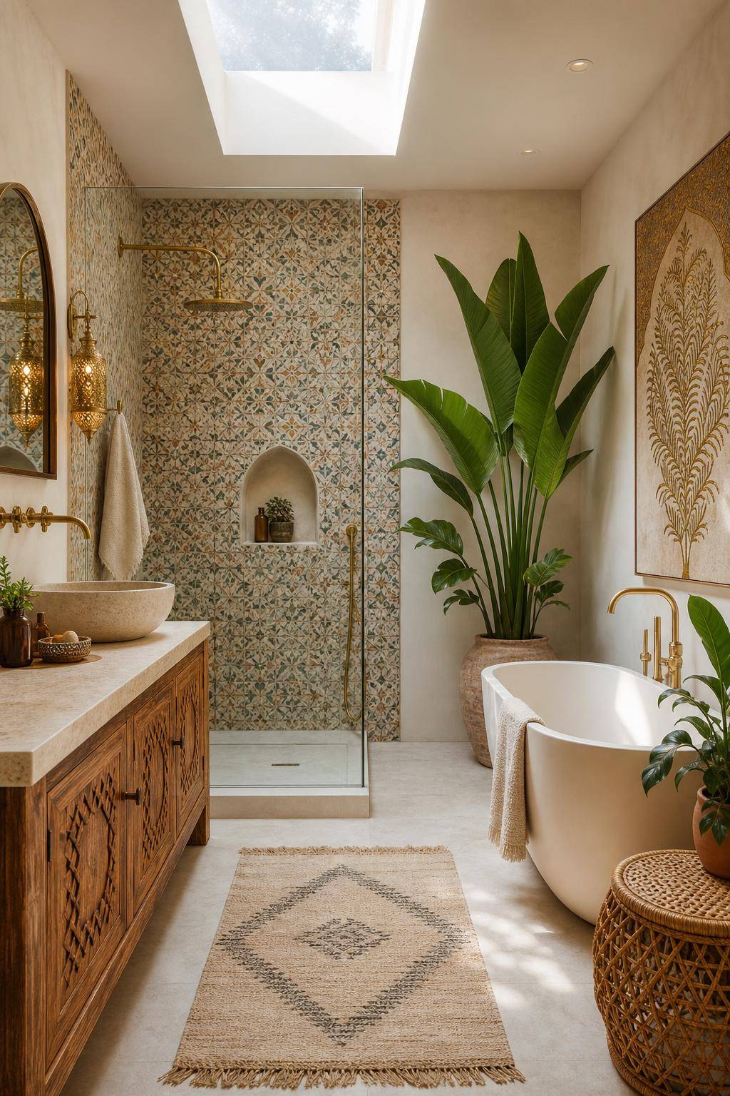 Boho-Badezimmer gestalten- Gestalte Wände mit Marrakesch-Fliesen oder Folien