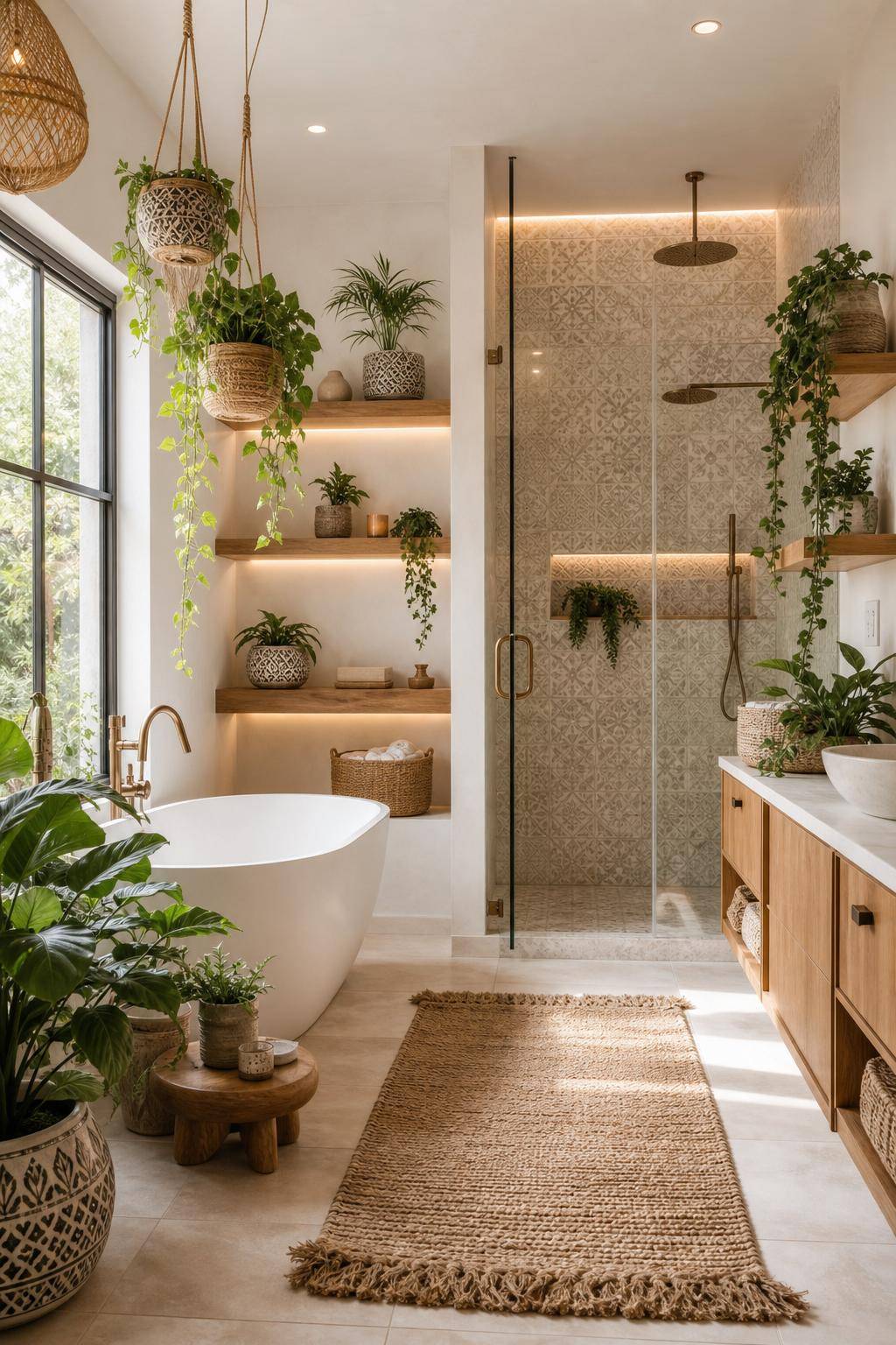 Boho-Badezimmer gestalten- Hänge Pflanzen in dekorativen Töpfen auf