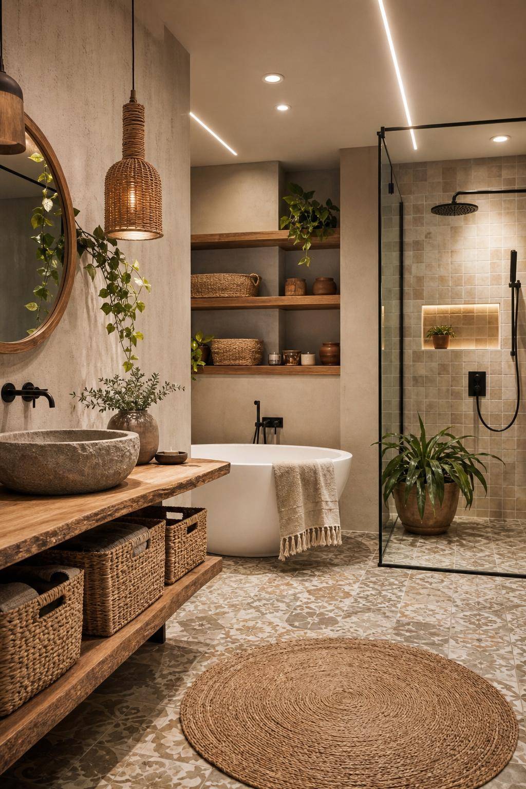 Boho-Badezimmer gestalten- Integriere geflochtene Körbe für Aufbewahrung
