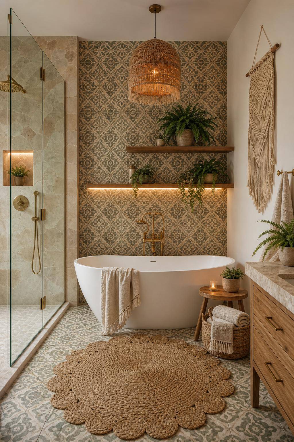 Boho-Badezimmer gestalten- Mixe bewusst unterschiedliche Muster und Materialien