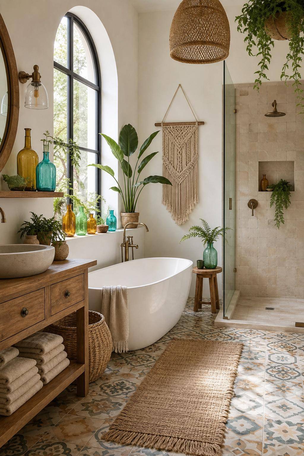 Boho-Badezimmer gestalten- Platziere farbige Glasvasen für Frische-Effekte