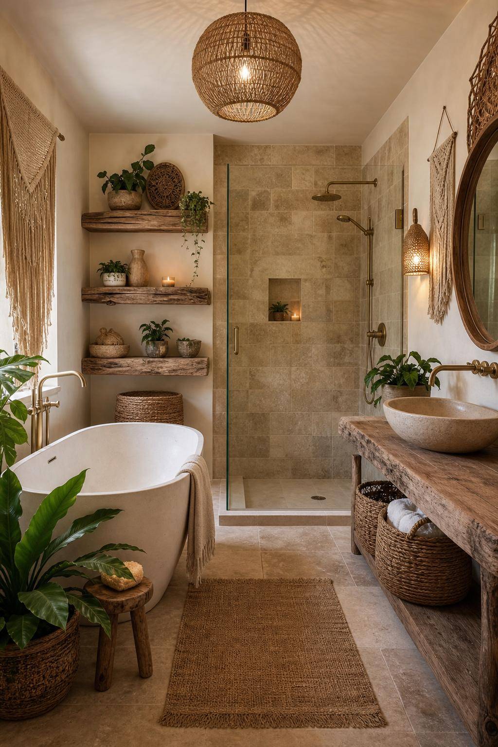 Boho-Badezimmer gestalten- Probiere Regale aus Treibholz für Dekoration