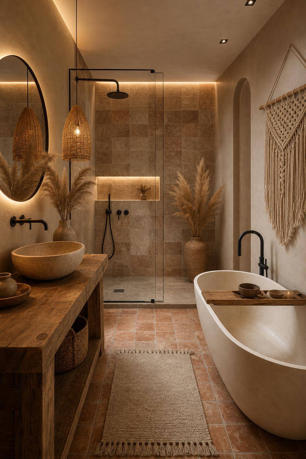 Boho-Badezimmer gestalten- Verwende zurückhaltende Erdtöne an den Wänden