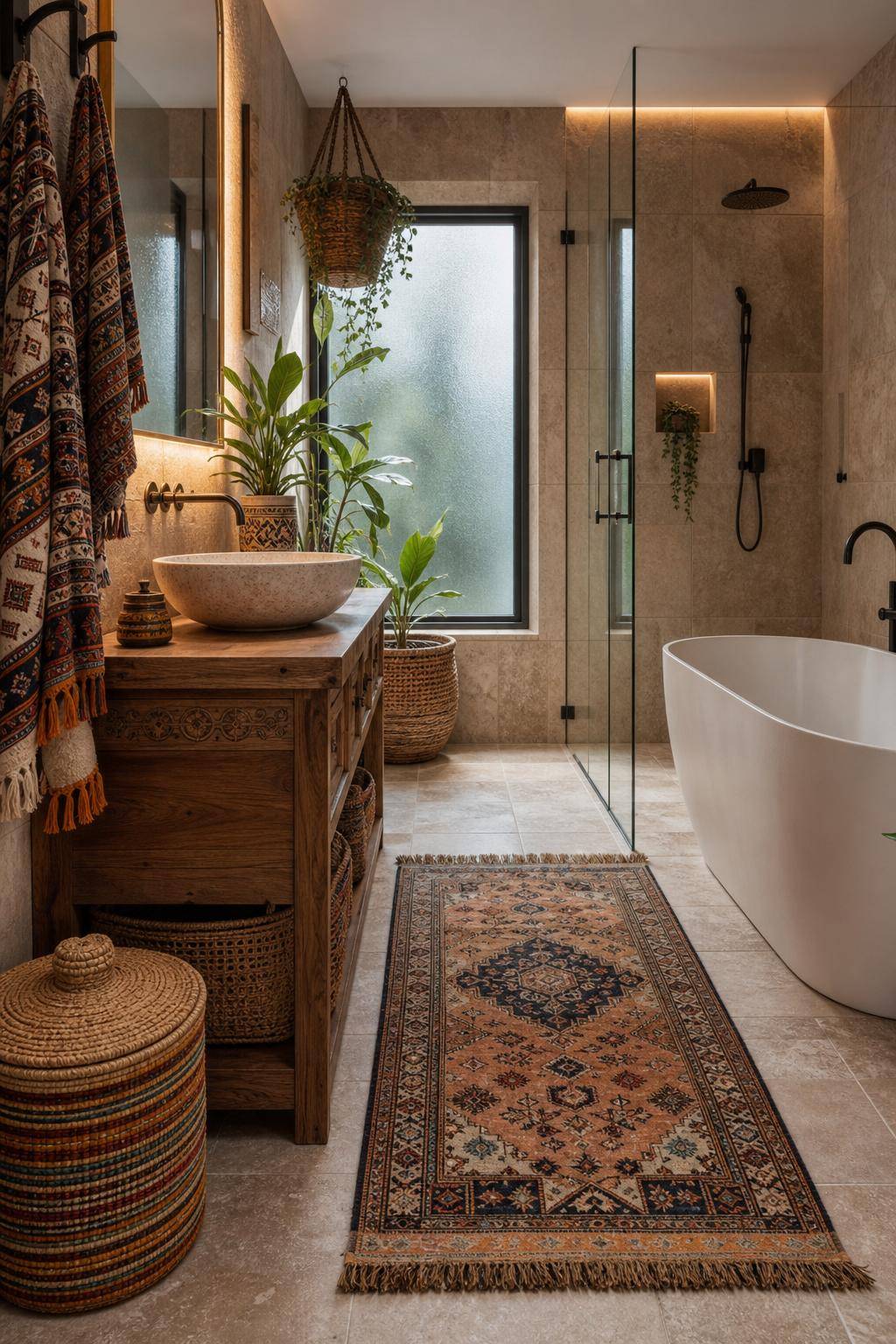 Boho-Badezimmer gestalten- Wähle Textilien mit Ethno-Mustern und Fransen