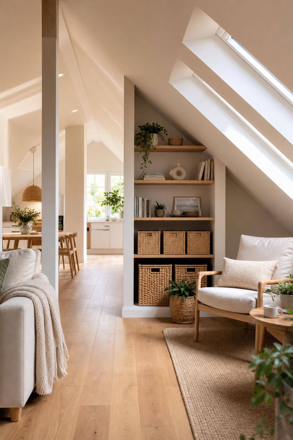 Dachgeschosswohnung einrichten- Halte Ordnung mit stylishen Körben