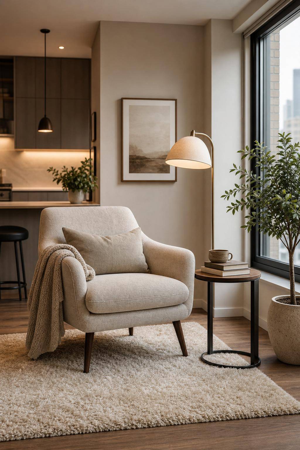 Einzimmerwohnung einrichten- Kreiere eine Leseecke mit Sessel und Lampe