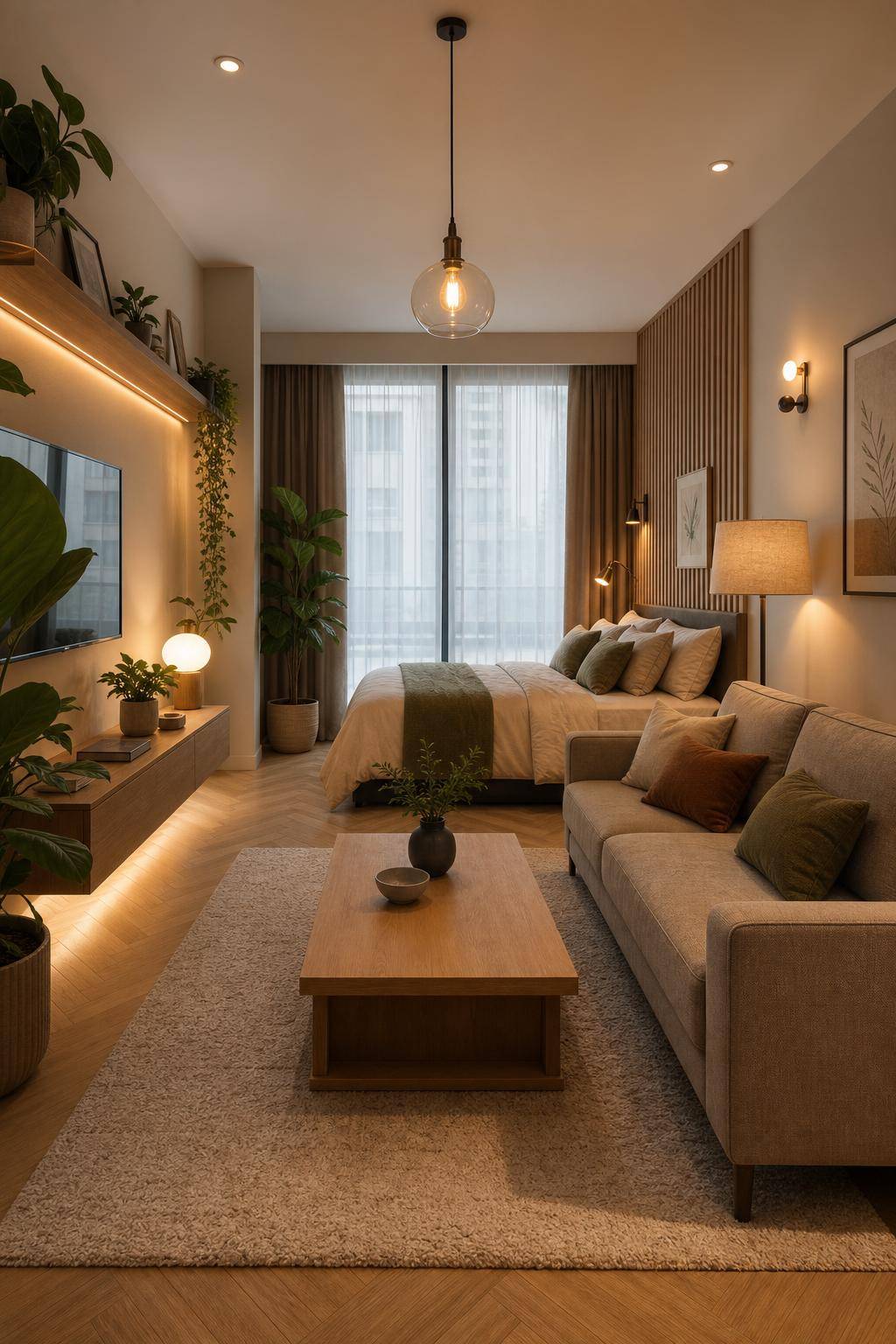Einzimmerwohnung einrichten- Spiele mit Lichtquellen für Gemütlichkeit