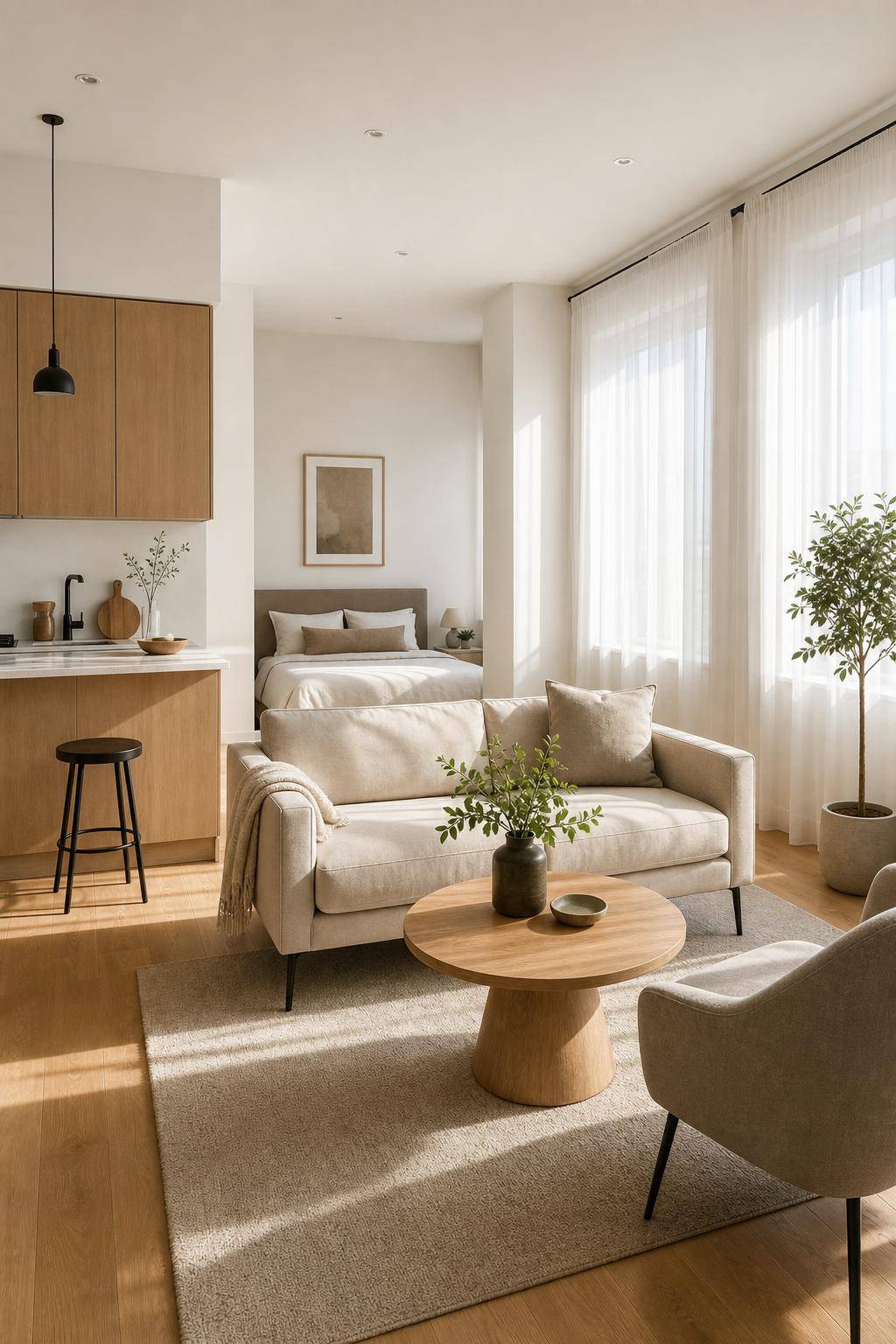 Einzimmerwohnung einrichten- Versehe Fenster mit leichten Gardinen für mehr Licht
