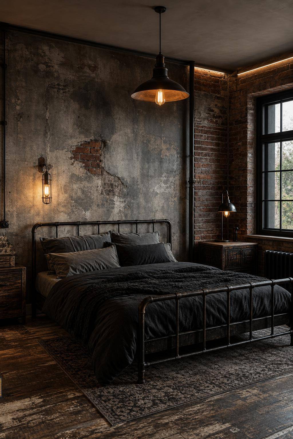 Grunge Schlafzimmer einrichten- Verwende Industrial-Lampen für rauen Charme