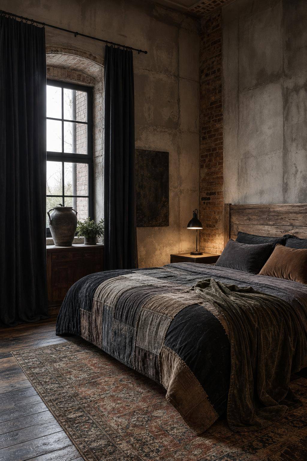 Grunge Schlafzimmer einrichten- Wähle grobe Textilien und schwere Vorhänge
