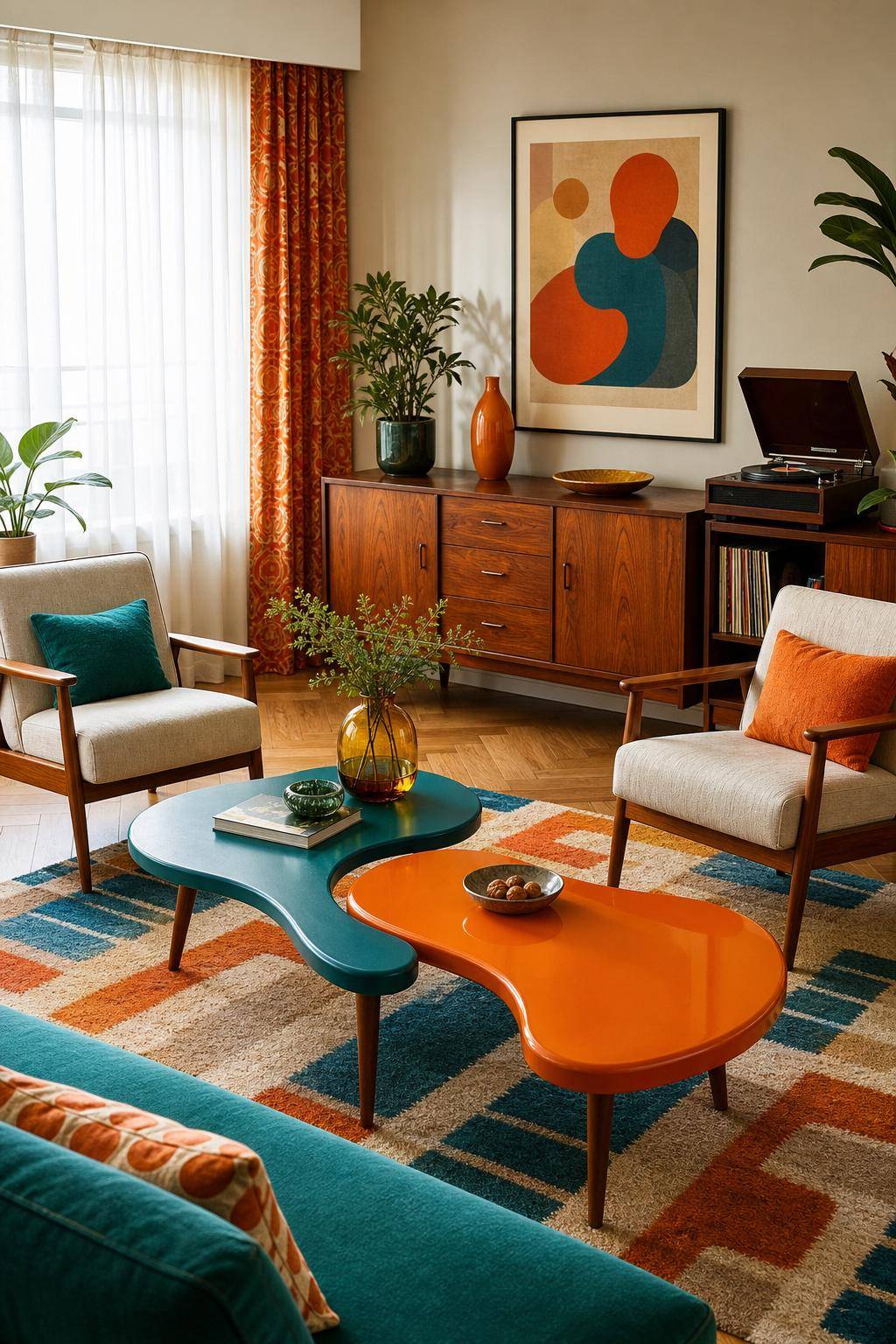 Ideen: Einrichten im Retro-Stil- Wähle bunte Nierentische als Blickfang