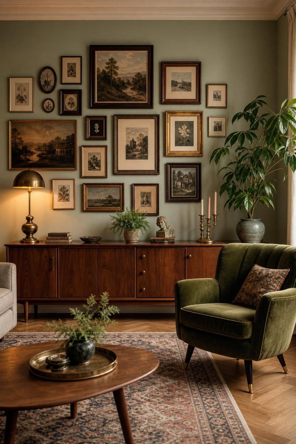 Ideen: Einrichten im Vintage-Stil- Arrangiere nostalgische Bilderrahmen an der Wand