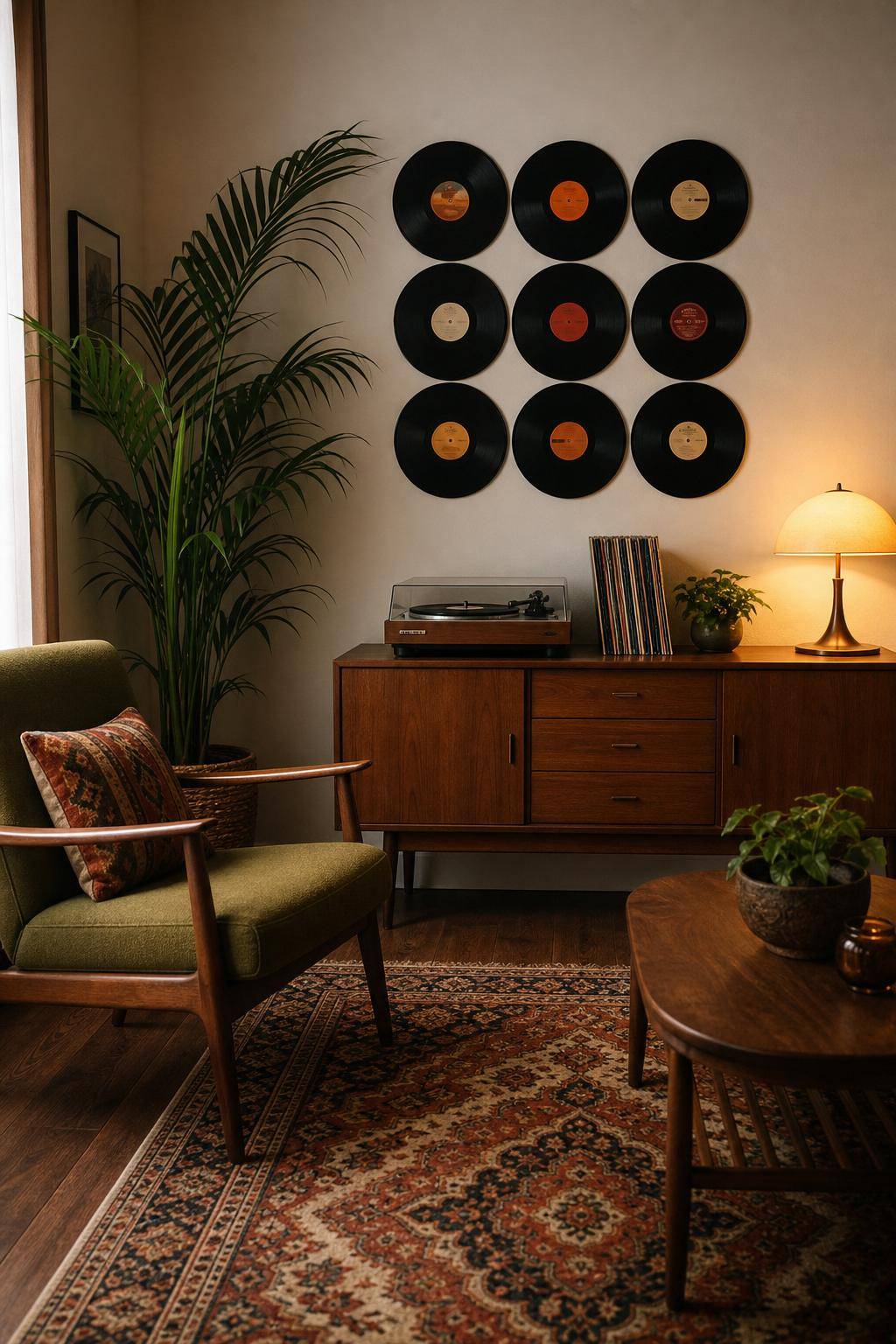 Ideen: Einrichten im Vintage-Stil- Platziere alte Schallplatten als Wanddeko