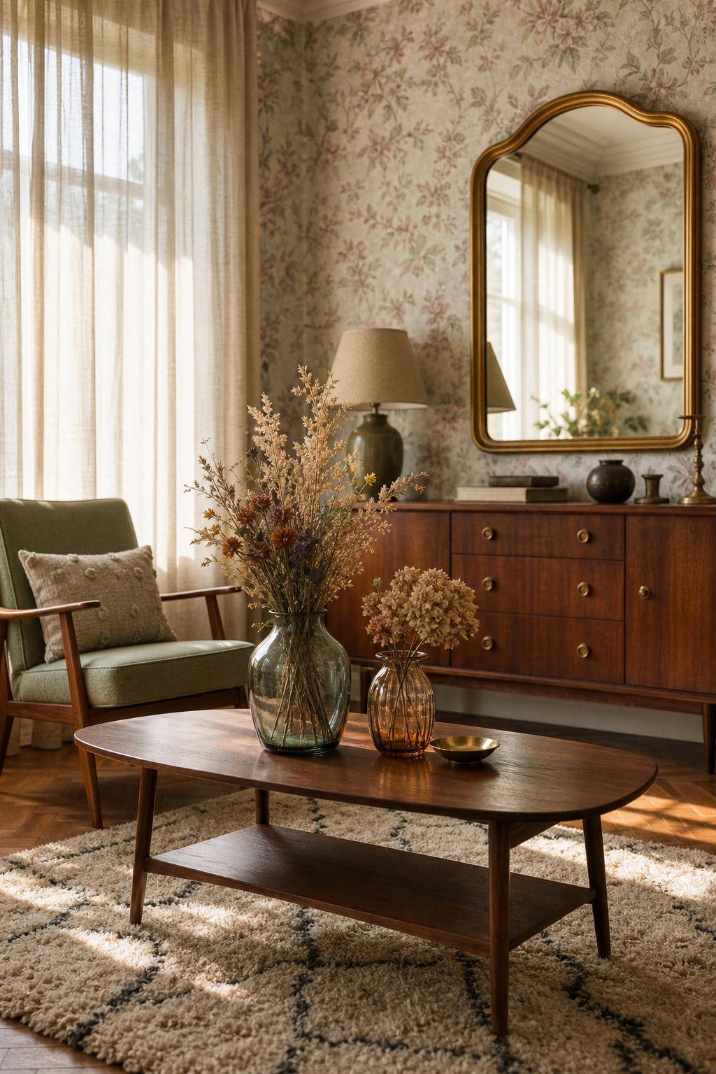 Ideen: Einrichten im Vintage-Stil- Stelle Glasvasen mit getrockneten Blumen auf