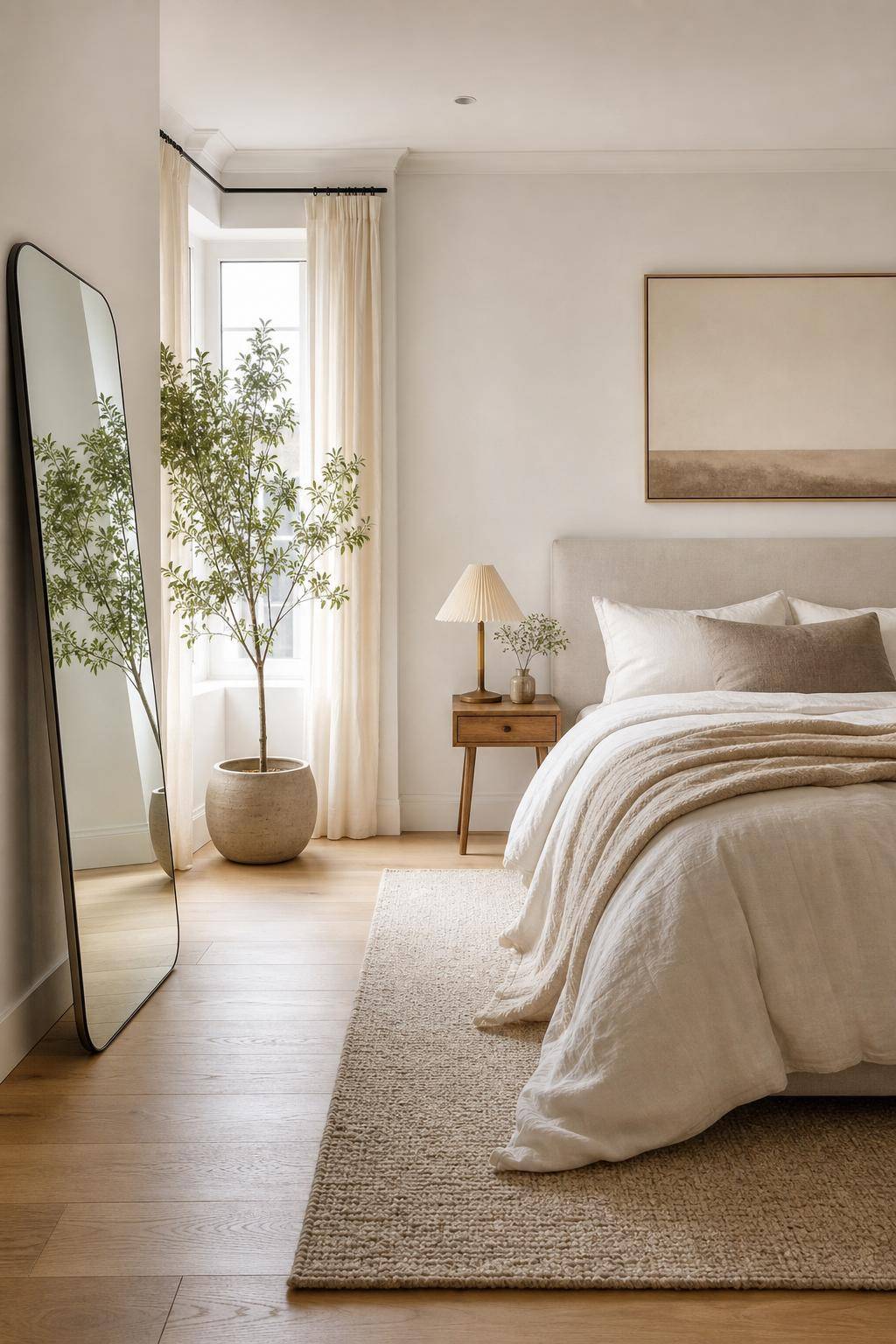 Ideen: Schlafzimmer minimalistisch einrichten- Ergänze deinen Raum mit einem schlichten Spiegel