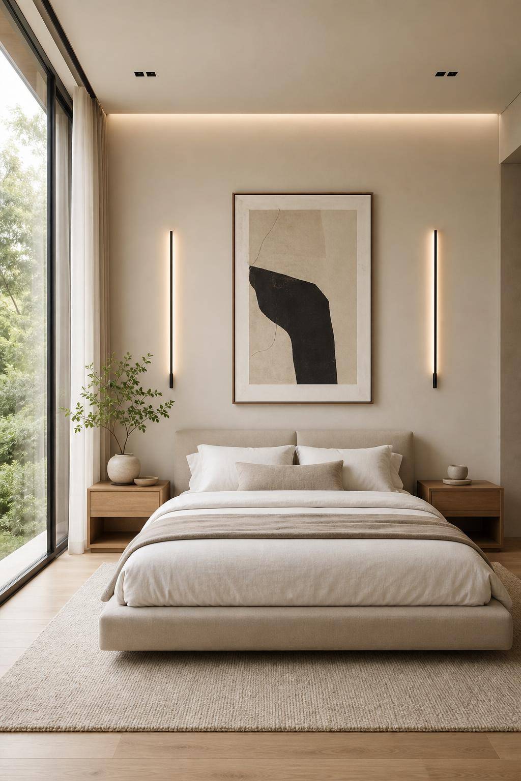 Ideen: Schlafzimmer minimalistisch einrichten- Ersetze aufwendige Bilder durch einfache Wandkunst