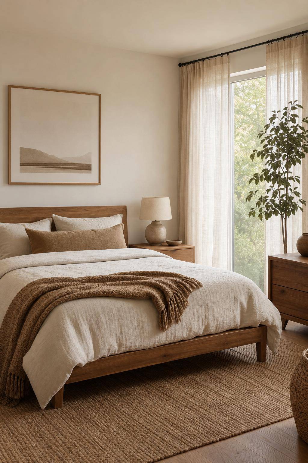 Ideen: Schlafzimmer minimalistisch einrichten- Integriere natürliche Materialien wie Holz und Leinen