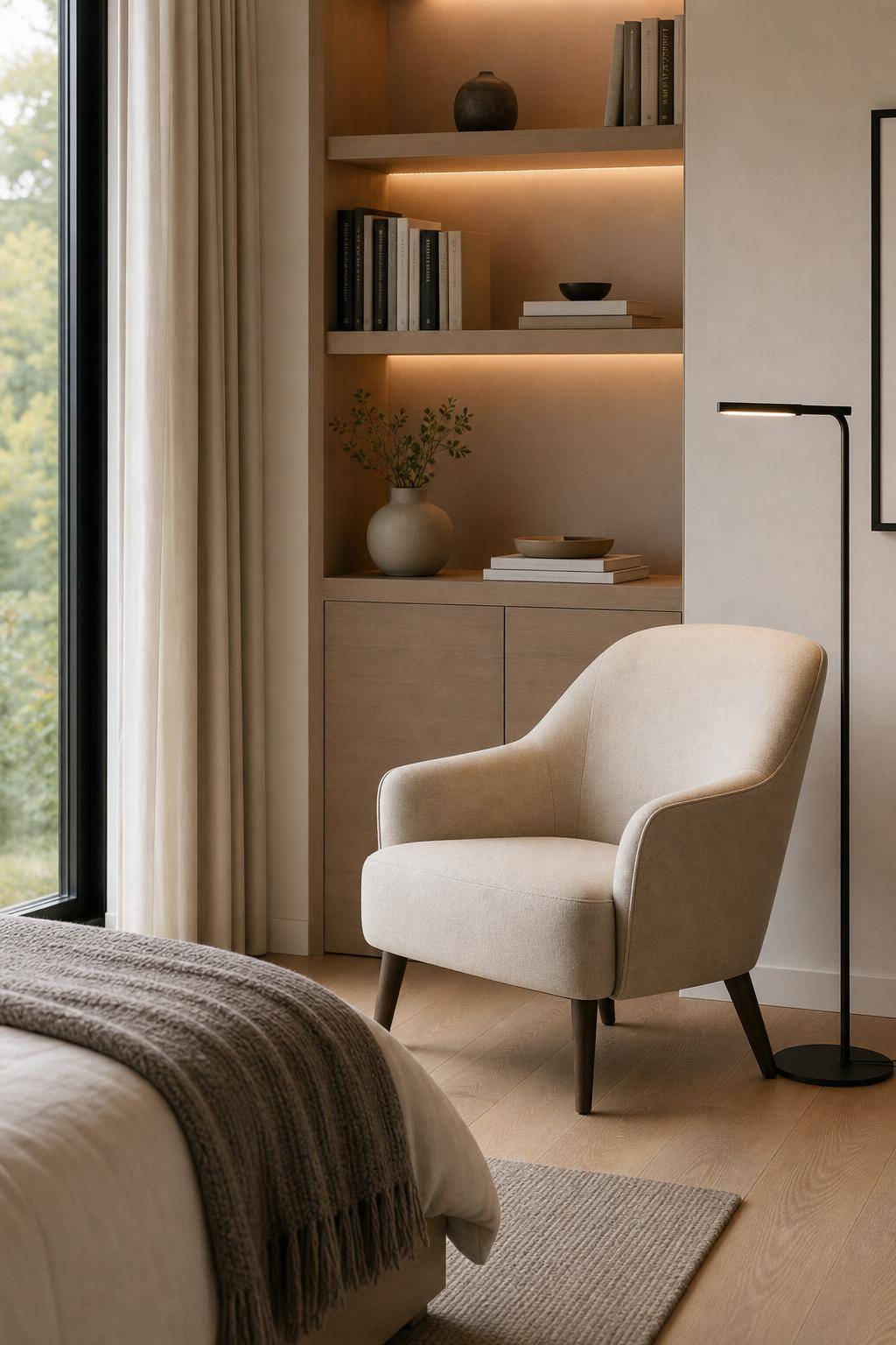 Ideen: Schlafzimmer minimalistisch einrichten- Kreiere eine kleine Leseecke mit schlichter Lampe