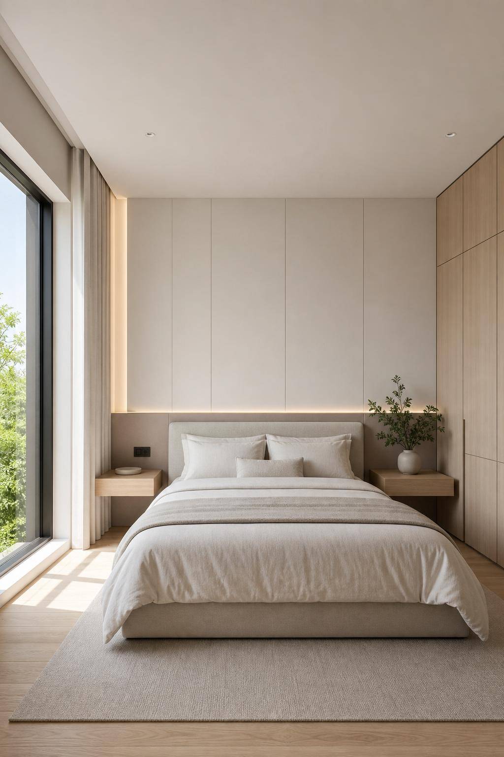 Ideen: Schlafzimmer minimalistisch einrichten- Lasse Oberflächen wie Nachttische weitgehend frei