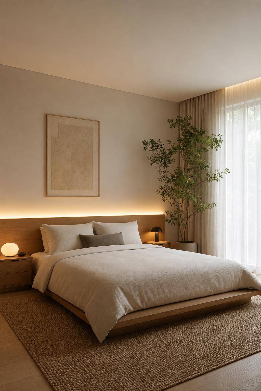 Ideen: Schlafzimmer minimalistisch einrichten- Setze gezielt auf stimmungsvolle, indirekte Beleuchtung