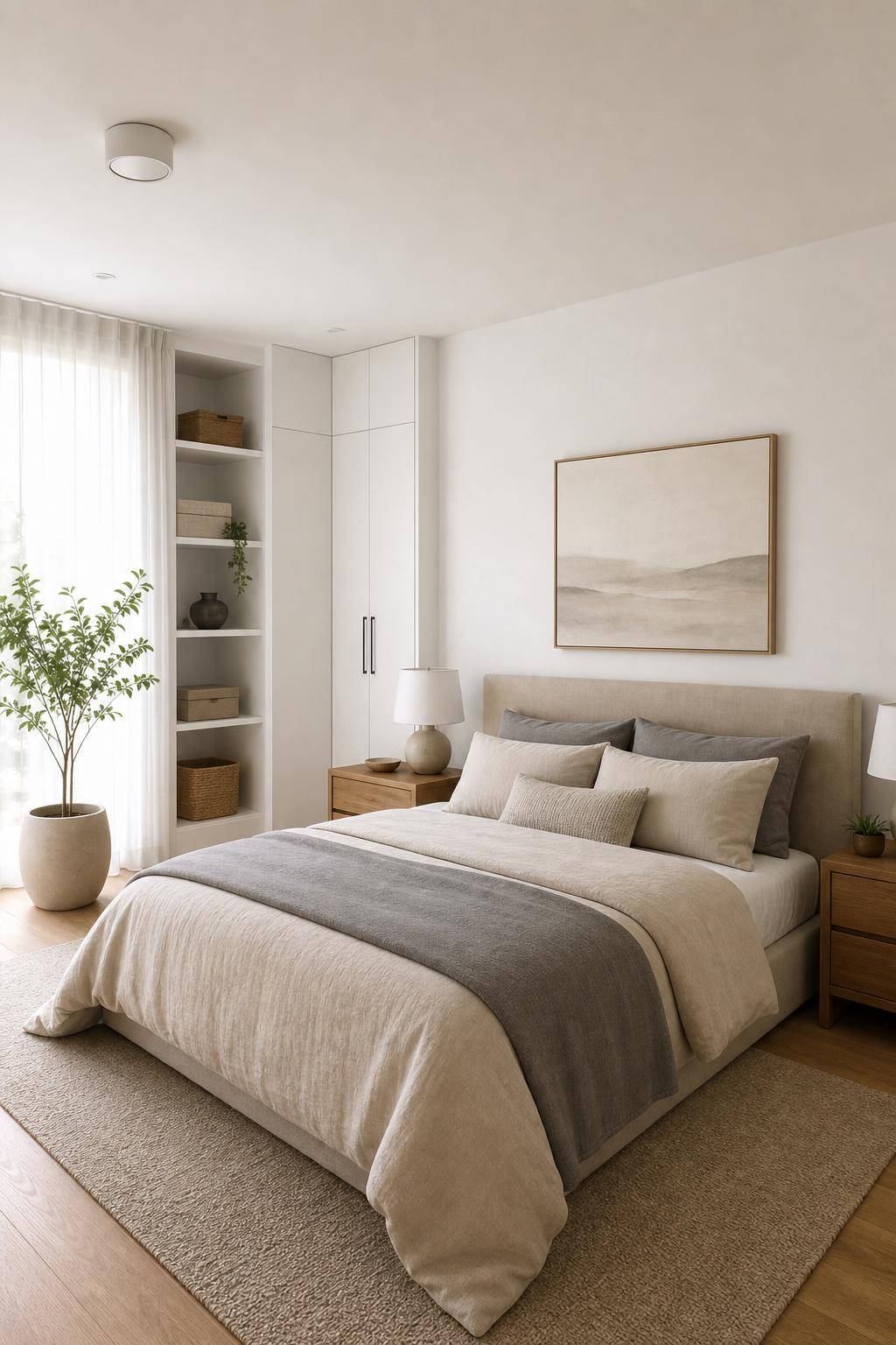 Ideen: Schlafzimmer minimalistisch einrichten- Sorge für Ordnung durch minimalistische Körbe oder Boxen