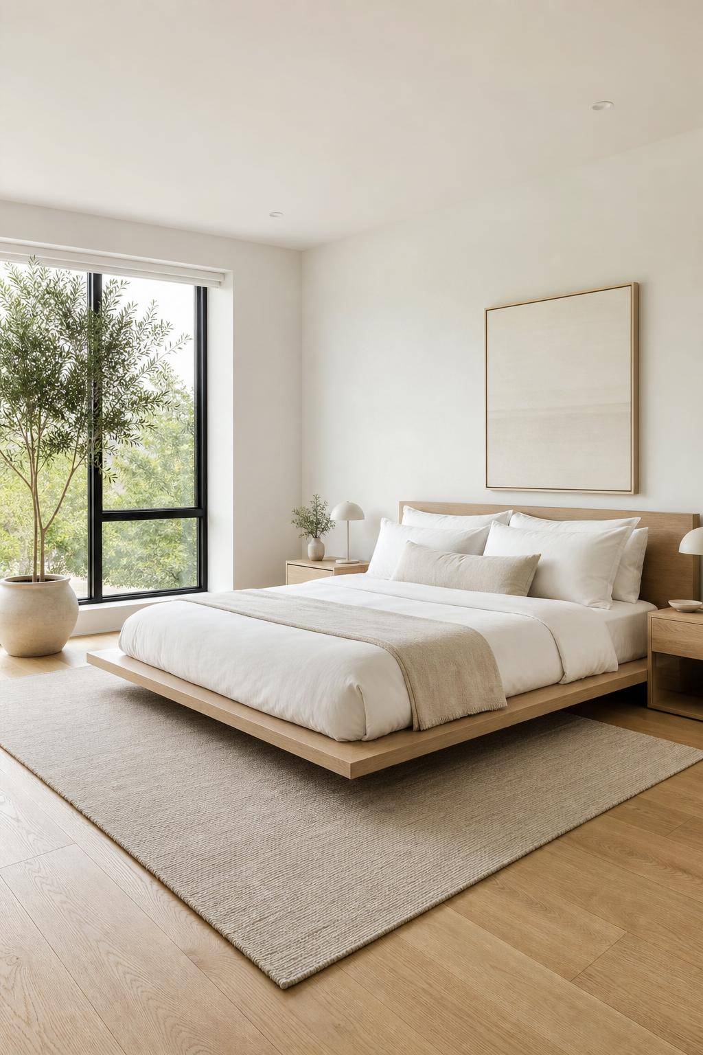 Ideen: Schlafzimmer minimalistisch einrichten- Wechsle schwere Teppiche gegen leichte, schlichte Varianten