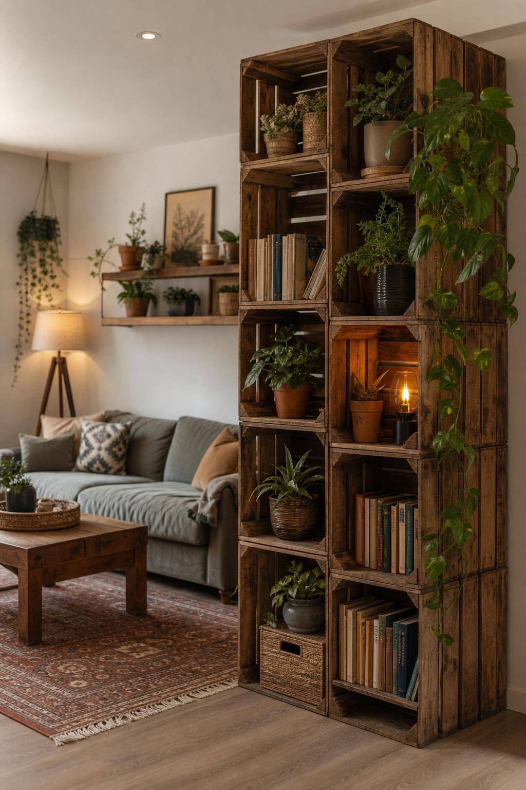 Ideen für Raumteiler- Staple Holzkisten für einen rustikalen Look
