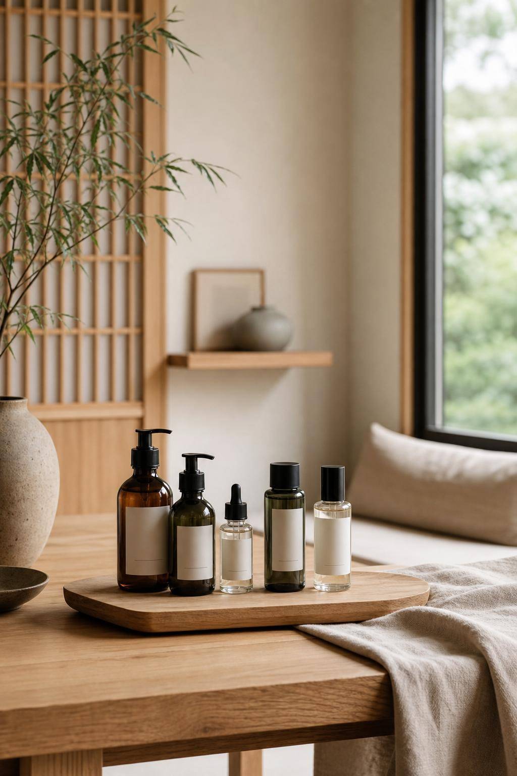 Ideen für das Einrichten im Japandi-Stil- Arrangiere Raumdüfte in minimalistischen Fläschchen