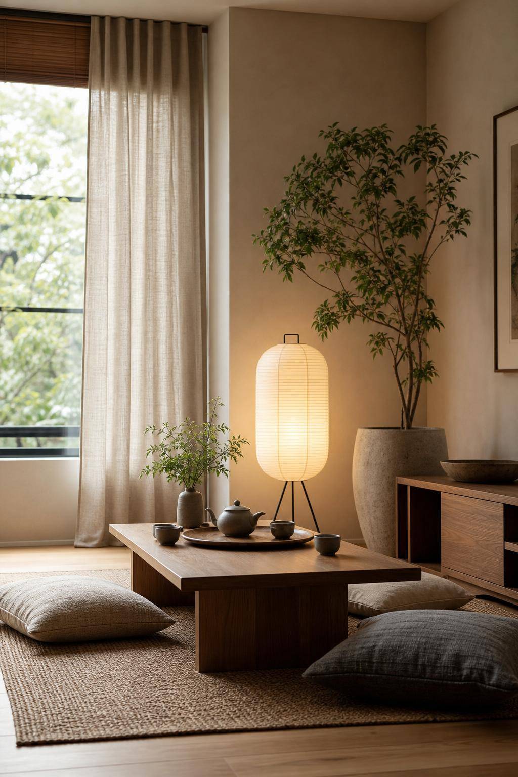 Ideen für das Einrichten im Japandi-Stil- Gestalte eine gemütliche Tee-Ecke im Wohnzimmer