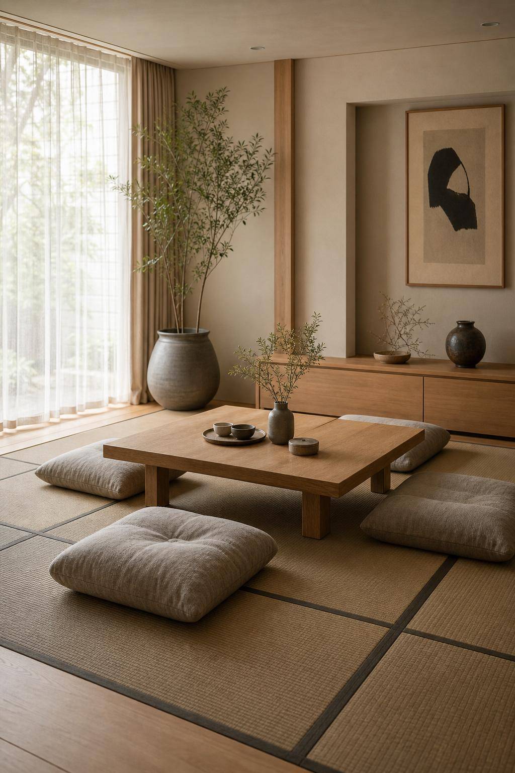 Ideen für das Einrichten im Japandi-Stil- Improvisiere mit Sitzkissen als flexible Sitzgelegenheiten