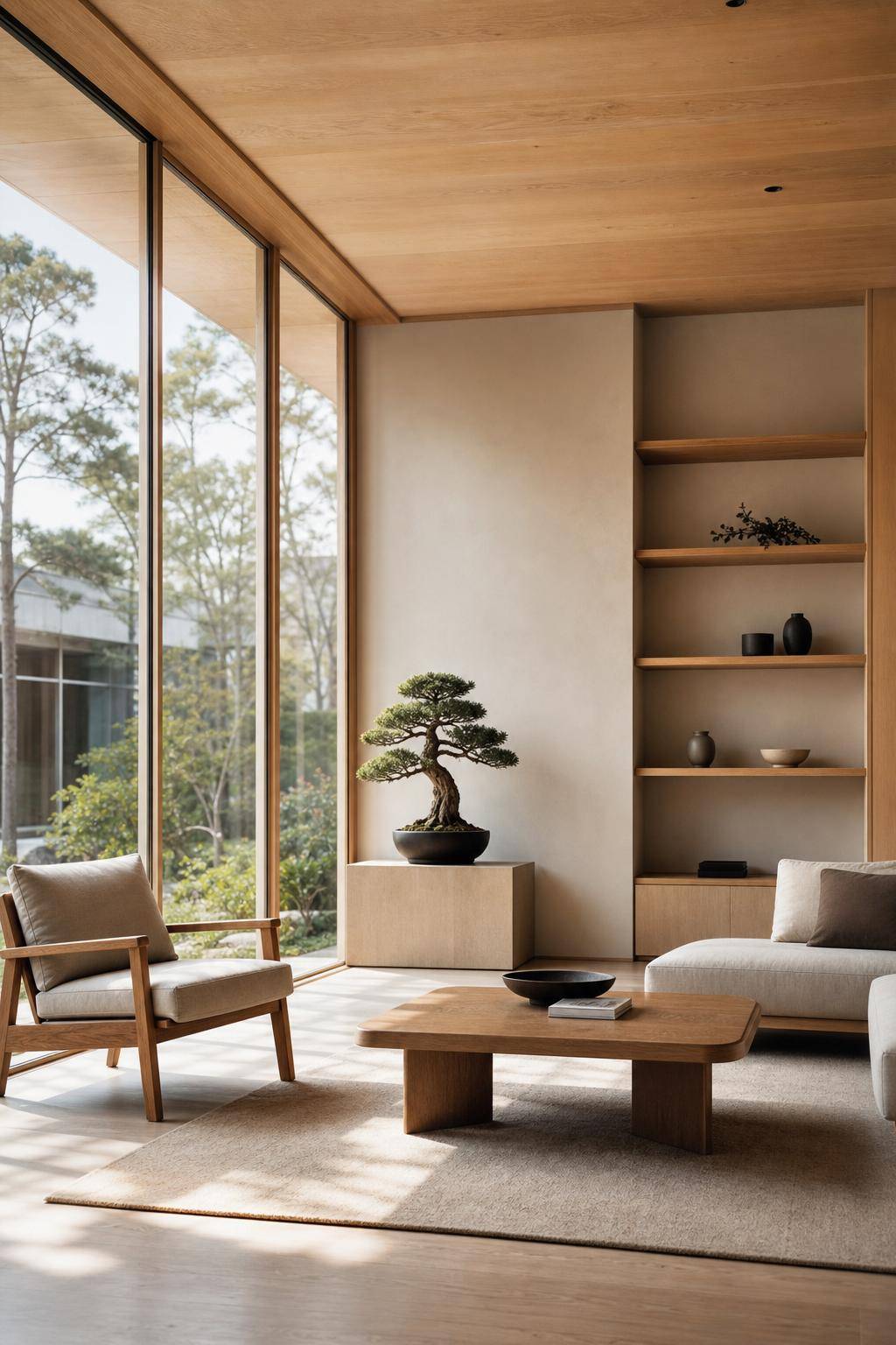 Ideen für das Einrichten im Japandi-Stil- Lasse große Fensterflächen offen und unbedeckt