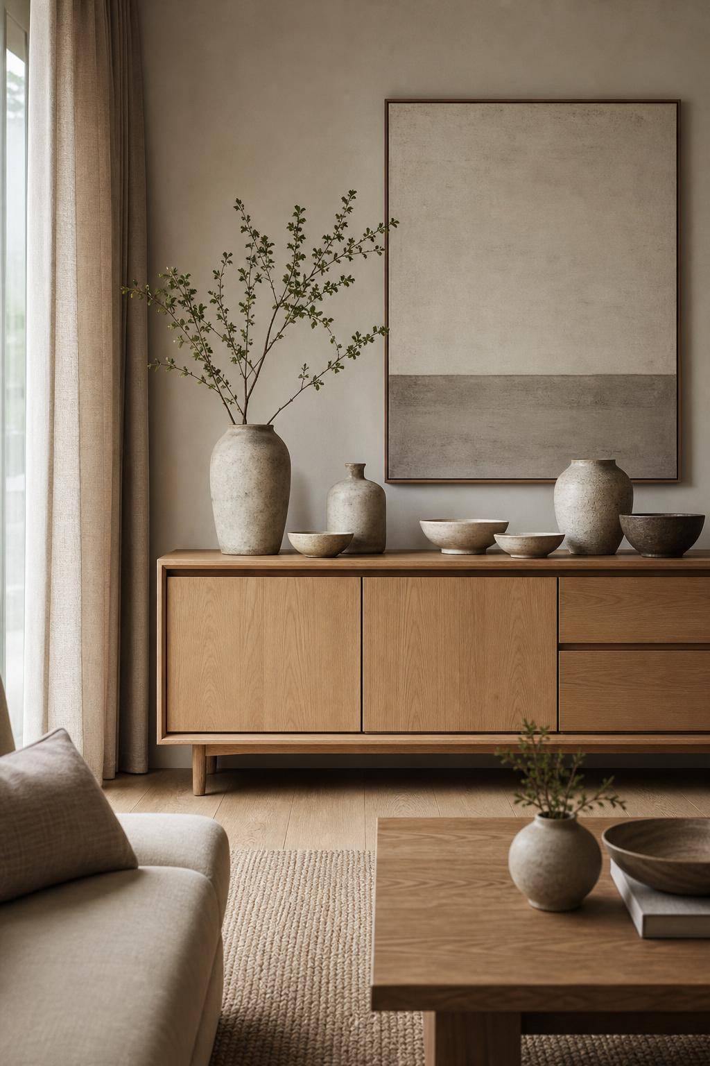 Ideen für das Einrichten im Japandi-Stil- Präsentiere handgemachte Keramik auf Sideboards