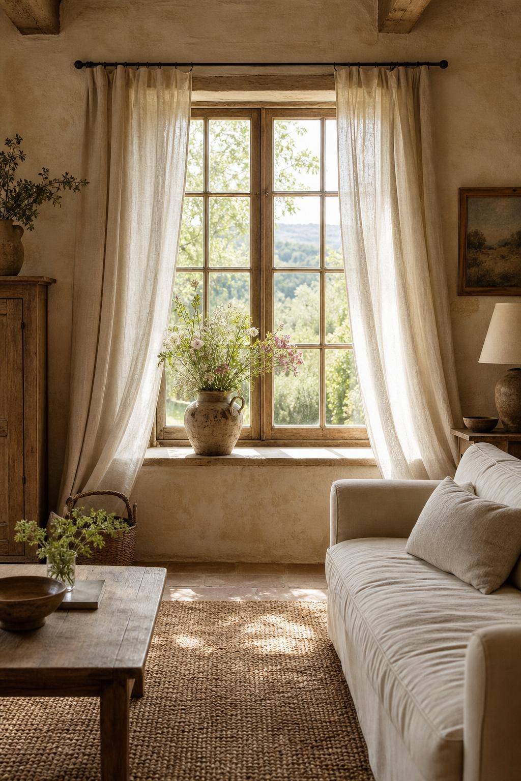 Ideen für den Landhausstil- Schmücke Fenster mit luftigen Leinenvorhängen
