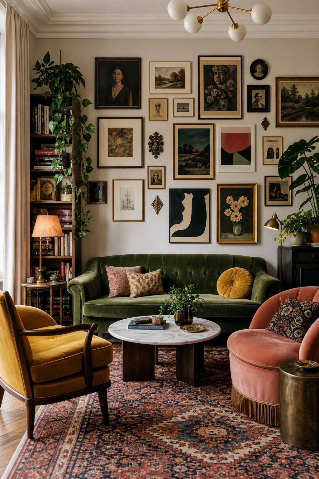 Ideen für eklektisches Wohnzimmer- Arrangiere Kunstwerke in unkonventionellen Gruppen