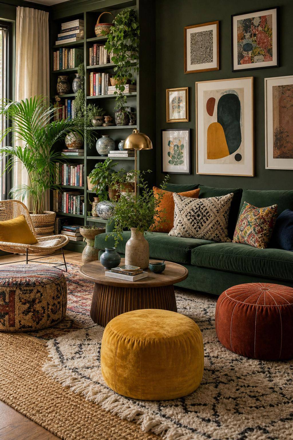 Ideen für eklektisches Wohnzimmer- Erweitere den Raum mit bunten Poufs