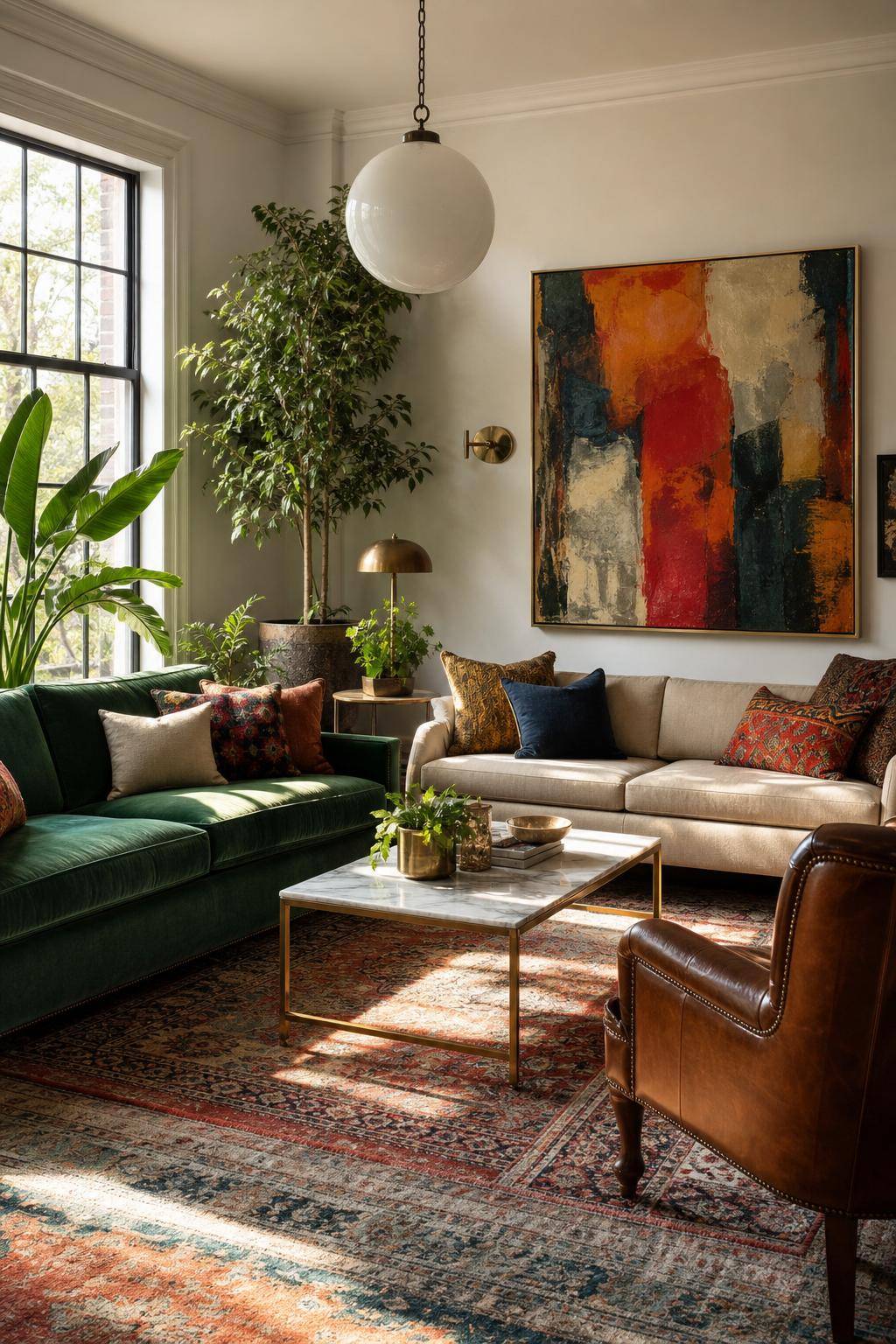 Ideen für eklektisches Wohnzimmer- Mische unterschiedliche Texturen auf Sofas und Kissen