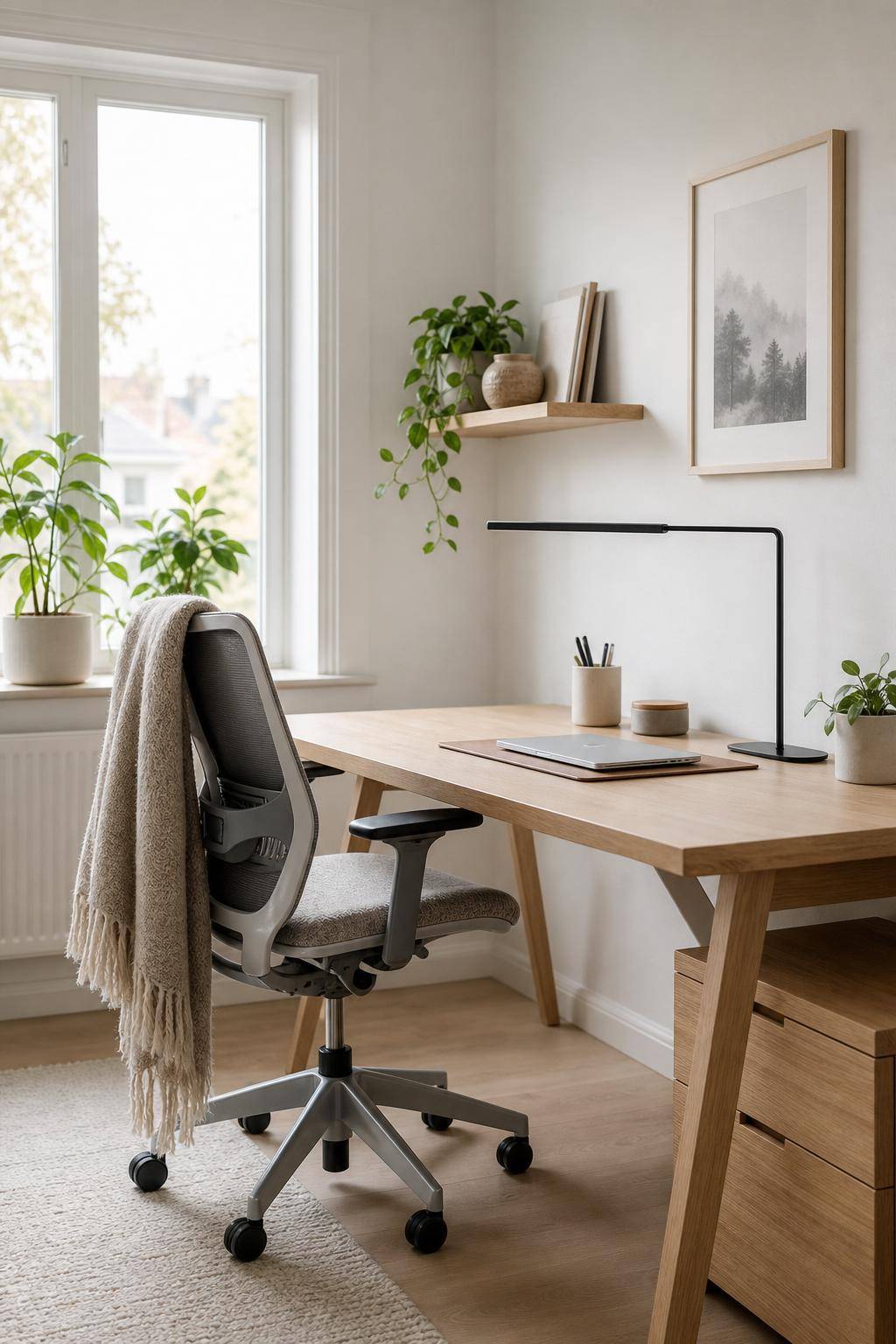 Ideen für skandinavischen Einrichtungsstil- Richte Arbeitsbereiche mit einladenden Schreibtischen ein