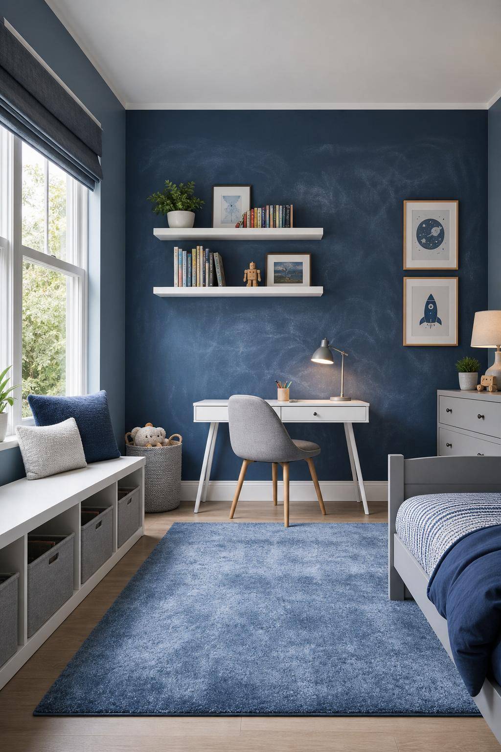 Kinderzimmer in Blau- Biete kreative Malflächen mit blauer Tafelfarbe an