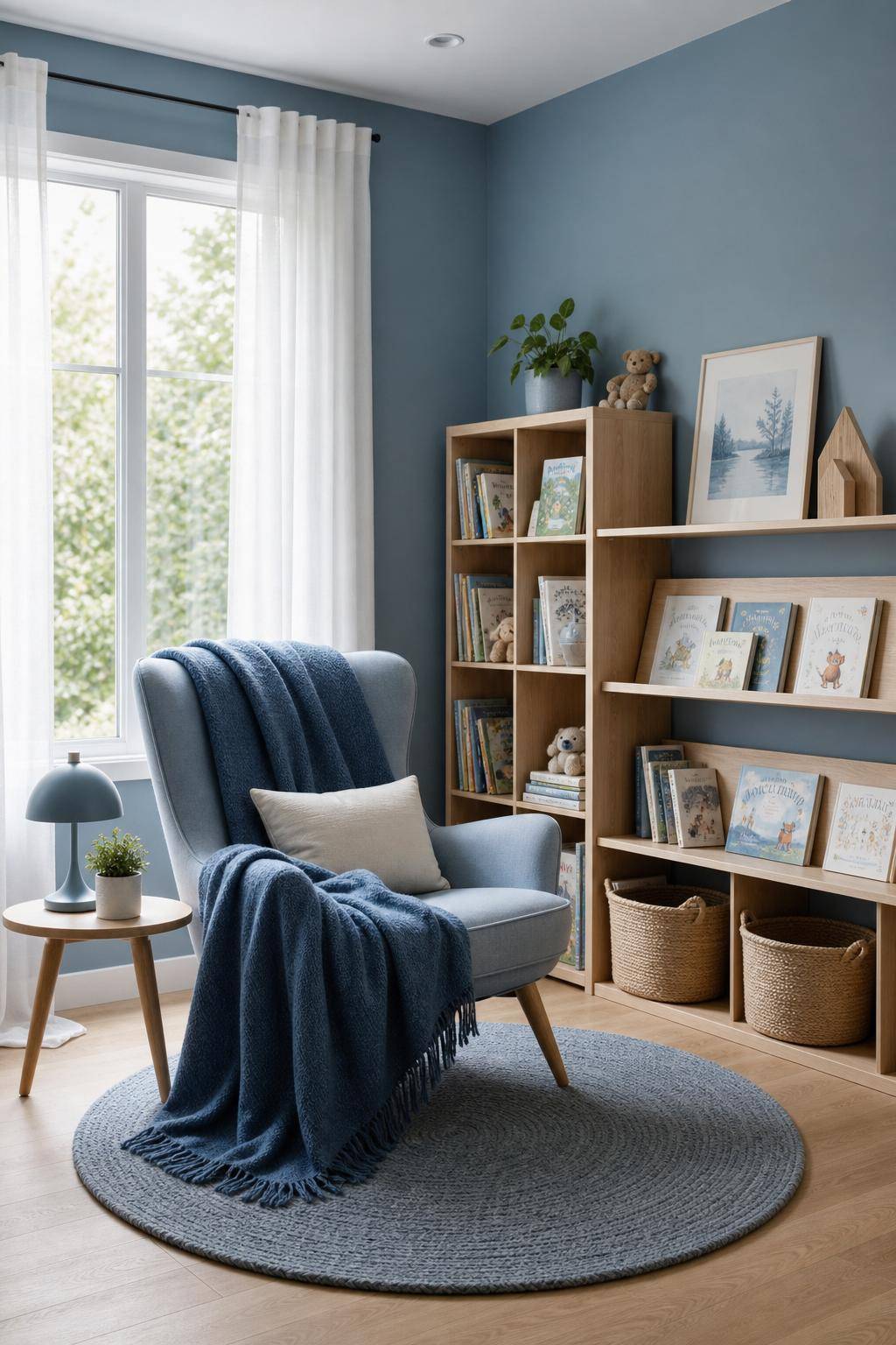 Kinderzimmer in Blau- Gestalte eine Leseecke mit blauer Kuscheldecke