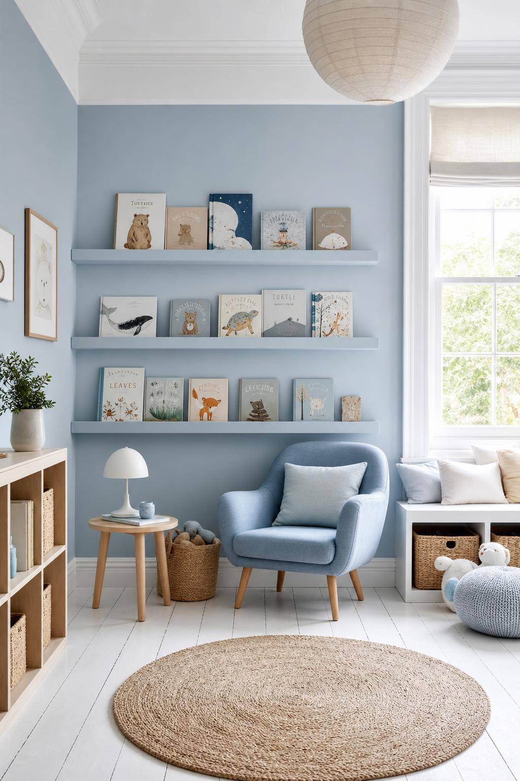 Kinderzimmer in Blau- Integriere Wandregale in Hellblau für Bücher